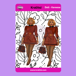 Kareese  Fashion Doll Sticker Sheet | Stylish Burnt Orange  Dress Doll Stickers | Planner Stickers, Journaling Stickers, Cute Fashion Girl Art
