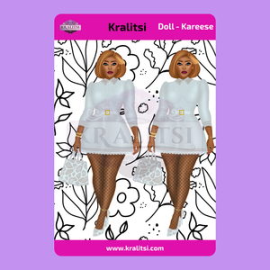Kareese  Fashion Doll Sticker Sheet | Stylish Grey Dress Doll Stickers | Planner Stickers, Journaling Stickers, Cute Fashion Girl Art
