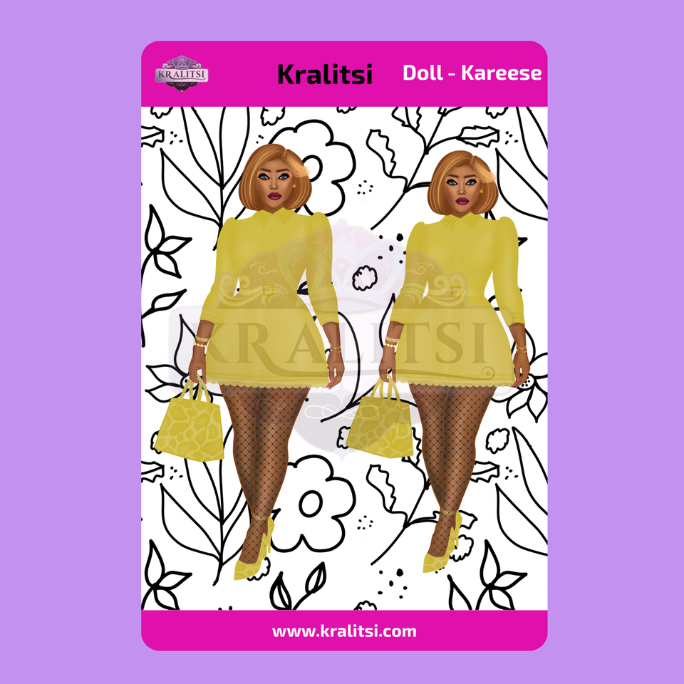 Kareese  Fashion Doll Sticker Sheet | Stylish Yellow Dress Doll Stickers | Planner Stickers, Journaling Stickers, Cute Fashion Girl Art