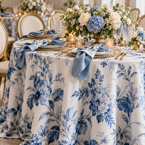 Luxury wedding tablescape featuring bespoke blue floral tablecloth, coordinating fabric napkins and elegant gold table settings by Charissine Creations.