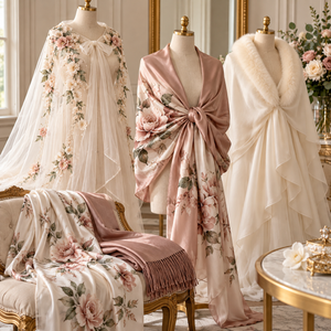 Three couture bridal mannequins displaying an ivory floral appliqué cape, dusty-pink satin floral wrap and elegant ivory bridal cover-up with faux-fur collar.