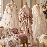 Three couture bridal mannequins displaying an ivory floral appliqué cape, dusty-pink satin floral wrap and elegant ivory bridal cover-up with faux-fur collar.