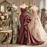 Three bespoke couture evening gowns displayed on mannequins, featuring sage green floral satin, mauve draped fabric and ivory floral tulle in a luxury fashion atelier.