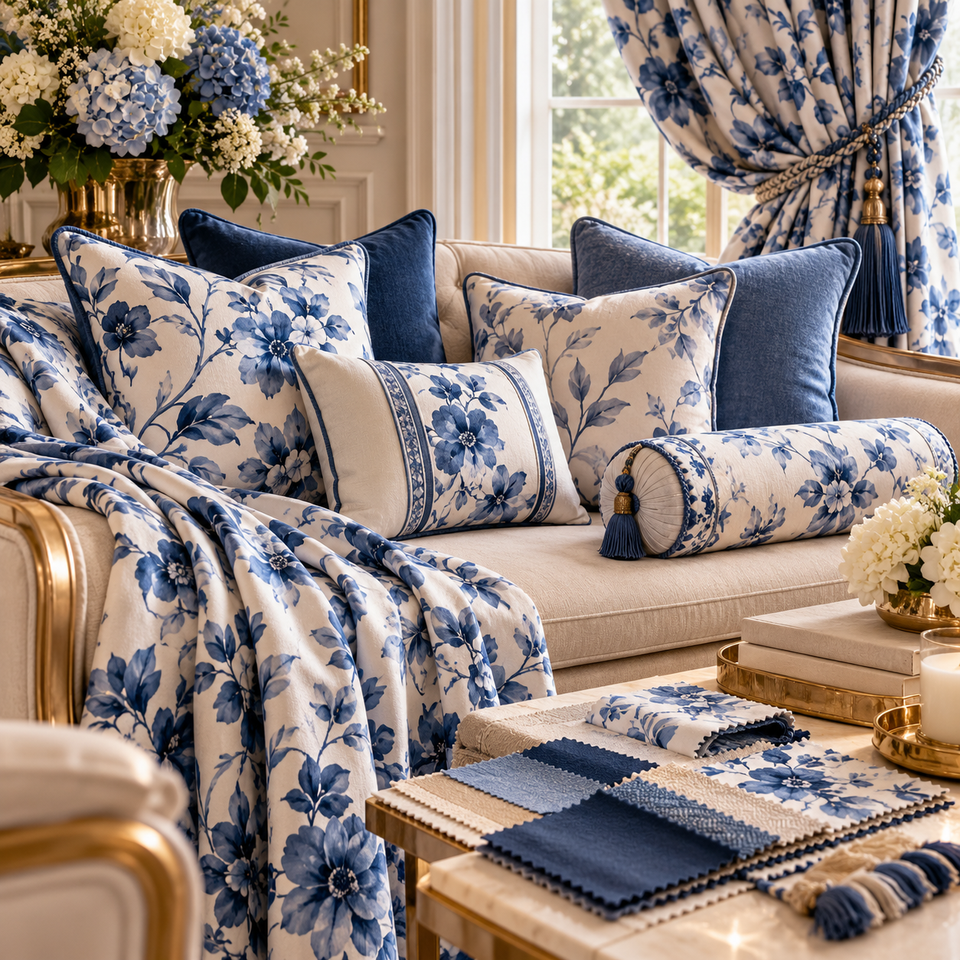 Luxury blue and white floral soft furnishings featuring custom cushions, decorative bolster pillows, coordinated drapery and fabric swatches.