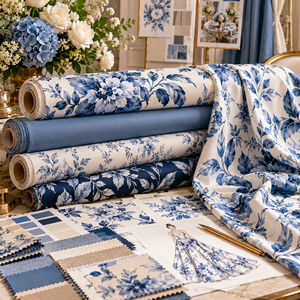 Custom blue and white floral printed fabrics, coordinating textile swatches and original fashion design artwork by Charissine Creations.
