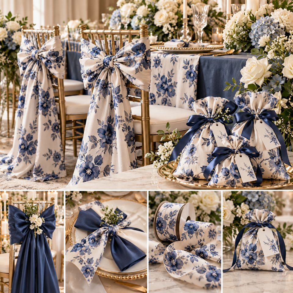 Luxury blue floral wedding fabric accessories featuring custom chair bows, fabric favour bags, decorative ribbons and coordinated textile accents.