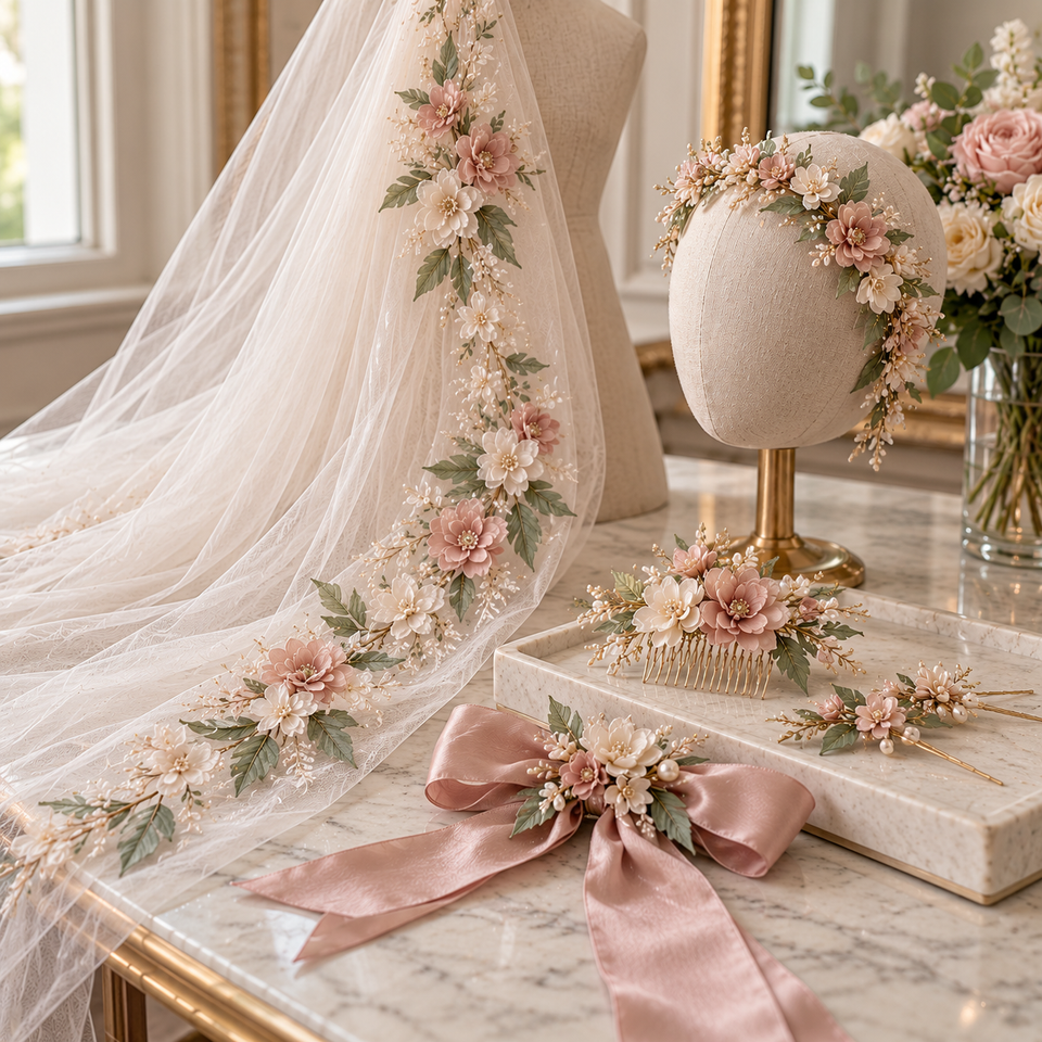 Ivory bridal veil adorned with dusty-pink and sage floral appliqués, displayed with matching floral headpiece, bridal hair comb, decorative hairpins and satin bow.