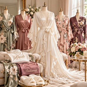 Luxury bridal getting-ready collection featuring an ivory lace-trimmed satin robe, coordinating floral bridesmaid robes in sage, blush and mauve, and personalized bridal accessories.