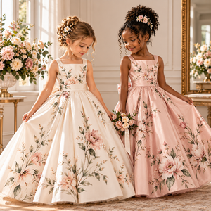 Two flower girls wearing elegant ivory and blush satin dresses featuring hand-drawn pink floral prints, full skirts and coordinating bridal accessories.