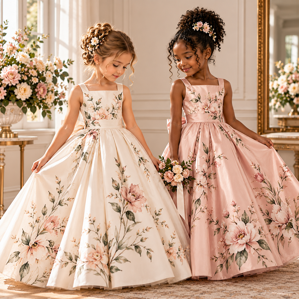 Two flower girls wearing elegant ivory and blush satin dresses featuring hand-drawn pink floral prints, full skirts and coordinating bridal accessories.