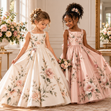Two flower girls wearing elegant ivory and blush satin dresses featuring hand-drawn pink floral prints, full skirts and coordinating bridal accessories.