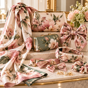 Luxury couture fashion accessories featuring coordinated pink floral satin scarves, gold-frame clutches, fabric hair bows, headbands and scrunchies arranged on marble.
