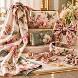 Luxury couture fashion accessories featuring coordinated pink floral satin scarves, gold-frame clutches, fabric hair bows, headbands and scrunchies arranged on marble.