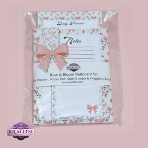 Bow & Bloom Stationery Set- Hand-made Coquette Bow Daily Planner Notepad Set | Cute Pink Stationery Gift | Notes Pad + Sticky Notes + Bookmark | Aesthetic Desk Supplies